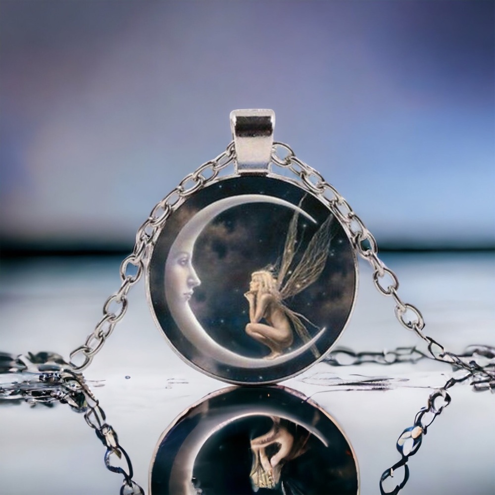 Fairy on the Moon Silver Pendant Necklace
